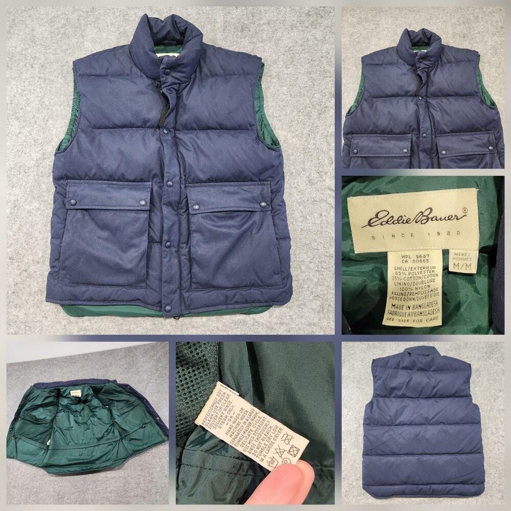 VTG Eddie Bauer Mens M Medium Goose Down Blue Puffer Vest Jacket Outdoor Pockets